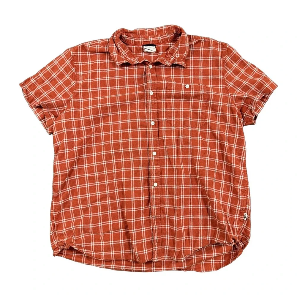 The North Face Mens XL Short Sleeve Plaid Button Up Shirt Orange Hemp Blend